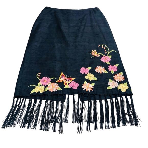 Vintage Maggy L Black Silk Embroidered Fringe Skirt Y2K Romantic Fairygoth - Picture 2 of 16
